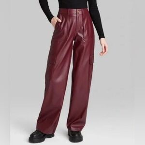 Burgundy Faux Leather Cargo Pants